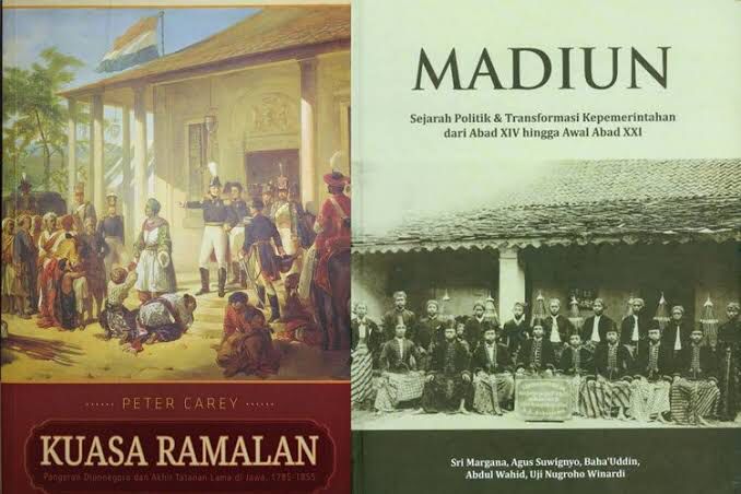 gambar dua cover buku berjudul Kuasa Ramalan karya Peter Carey, dan buku Madiun karya Sri Margana